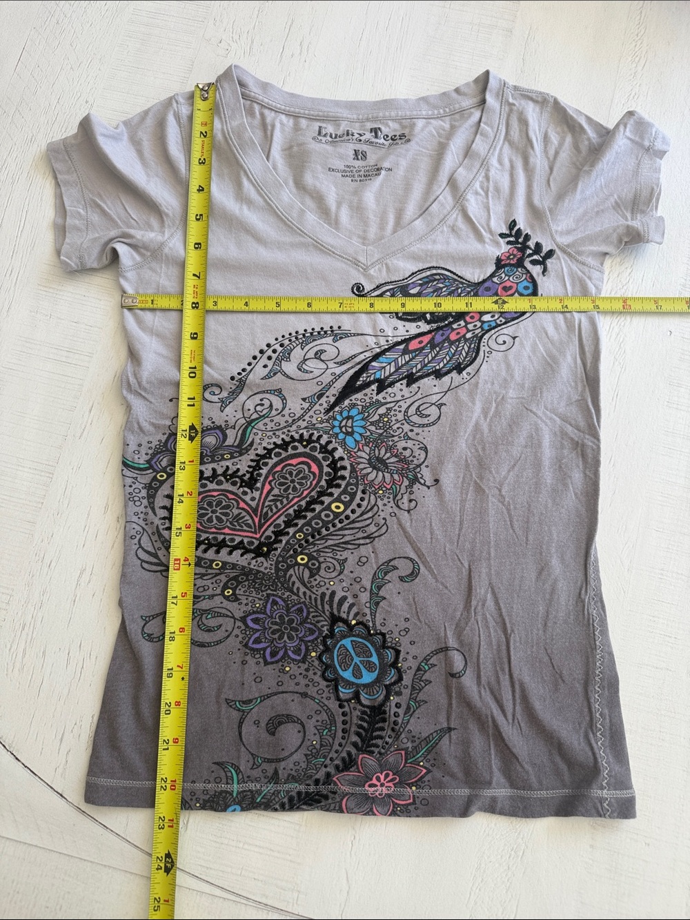 Lucky Brand T-Shirt V-Neck Bird, Heart & Peace Boho Design Luck Tees Gray Ombré - Picture 7 of 17